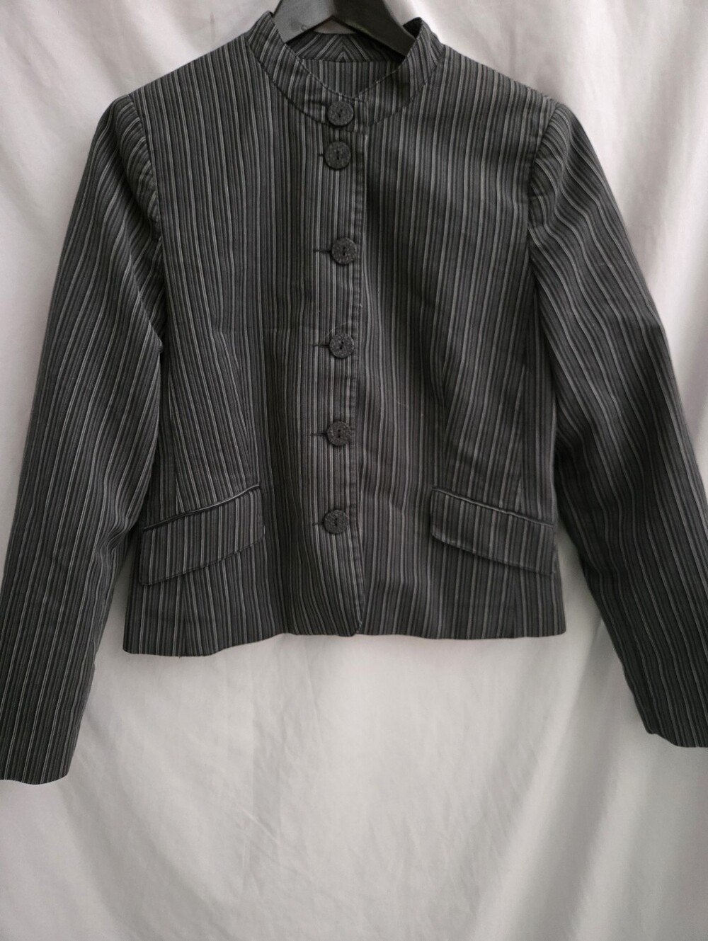 Jessica Black and Gray Pinstripe Stand-Collar Button Blazer